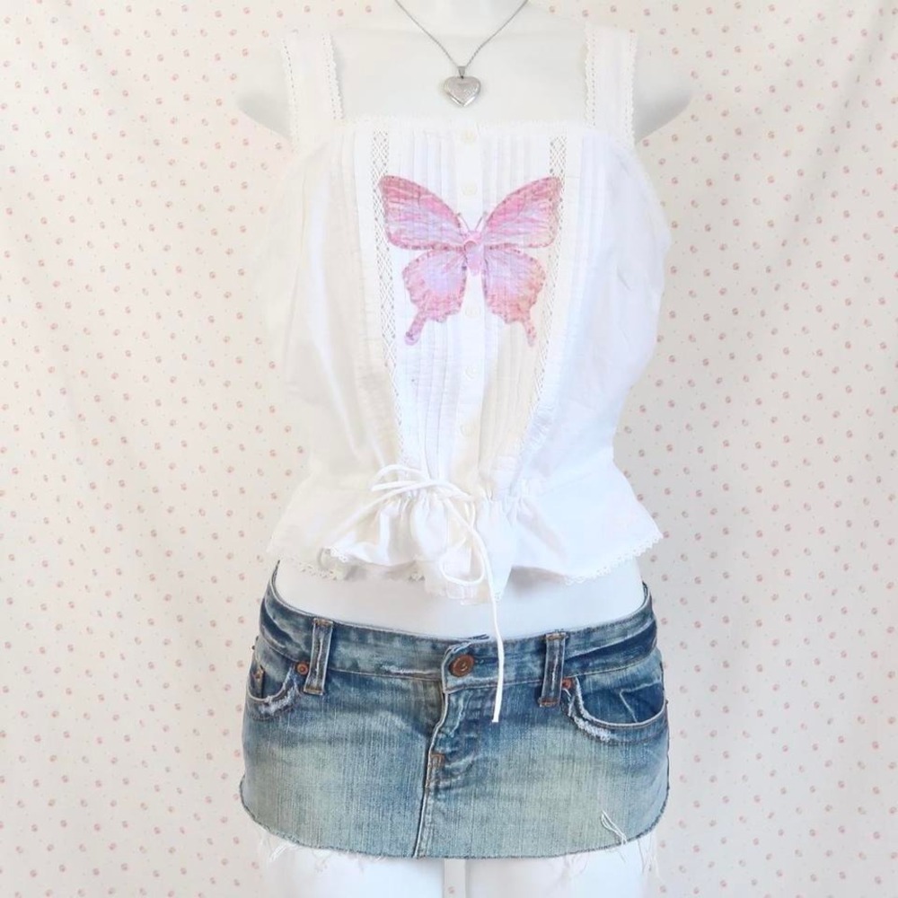 levi's white butterfly milkmaid top small lace tie front tank y2k
